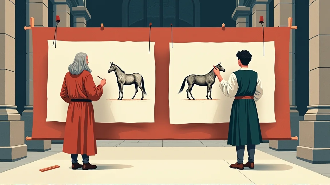 広間の壁に向かって馬の下絵を描く2人の画家